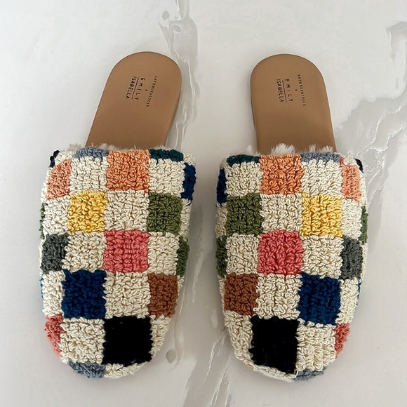 Anthropologie x Emily Isabella Checkered Colorful Sherpa Slippers Womens Medium - Picture 4 of 16